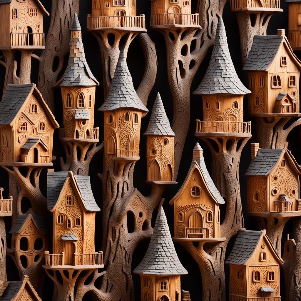 Whimsical Hand Carved Wood Village in Forest