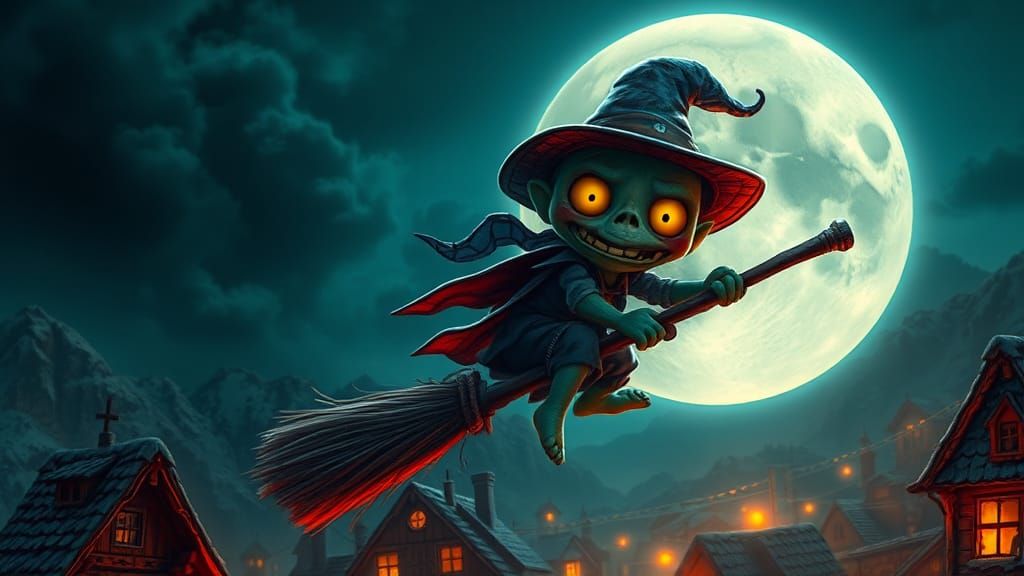 Cute Zombie Witch Flying Over Village, Concept Art