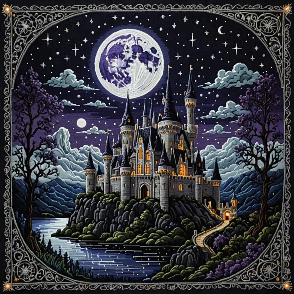Gothic Tapestry: Moonlit Castle in Silver and Purple