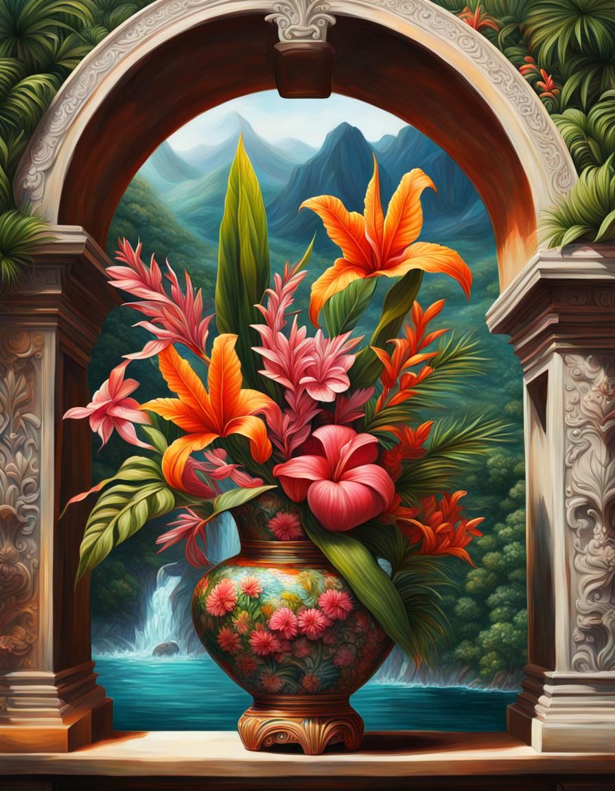 Tropical Flowers in Oil Painting Style