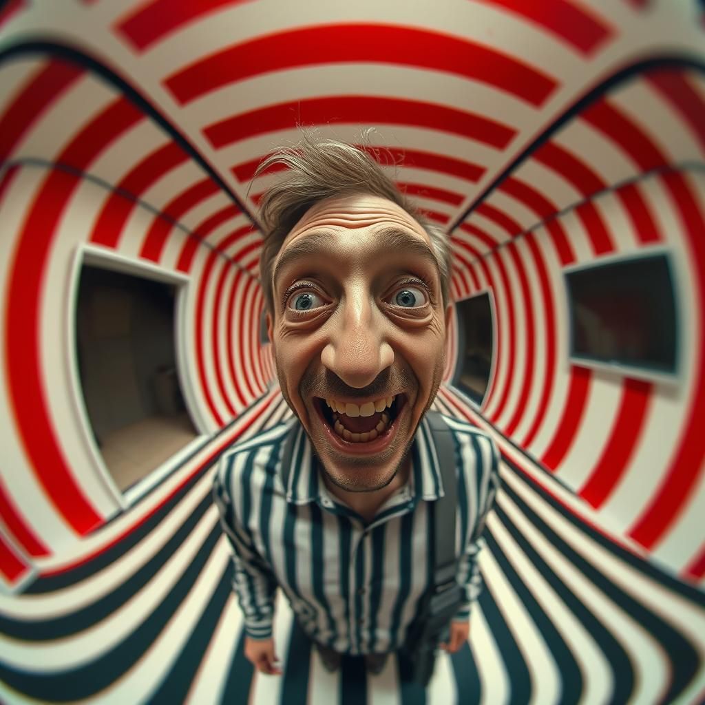Distorted Man in Optical Illusion Room: Fisheye Lens