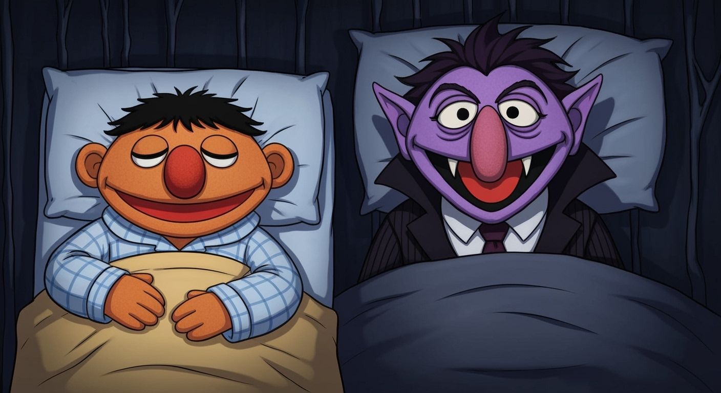 Ernie Sleeps Peacefully Beside Creepy Count von Count