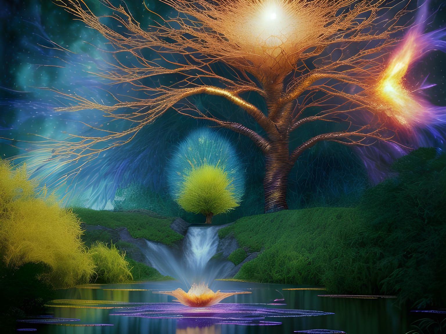 Ecological Summer Garden with Erupting Pond