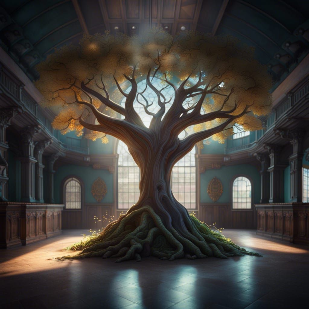 Tree in Hypertechnological Building: Fantasy Concept Art