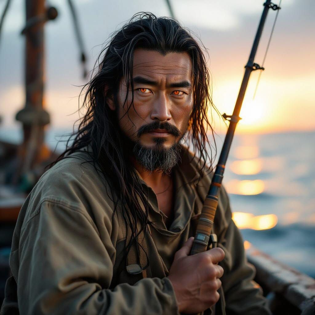 Japanese Fisherman with Orange Eyes and Antique Pole