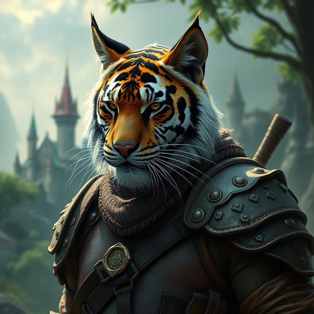 Green Tiger Cat Warrior in Leather Armor