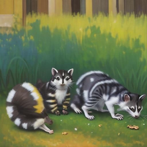 Cats and Wild Animals Feast, Neo-Impressionist Oil Painting