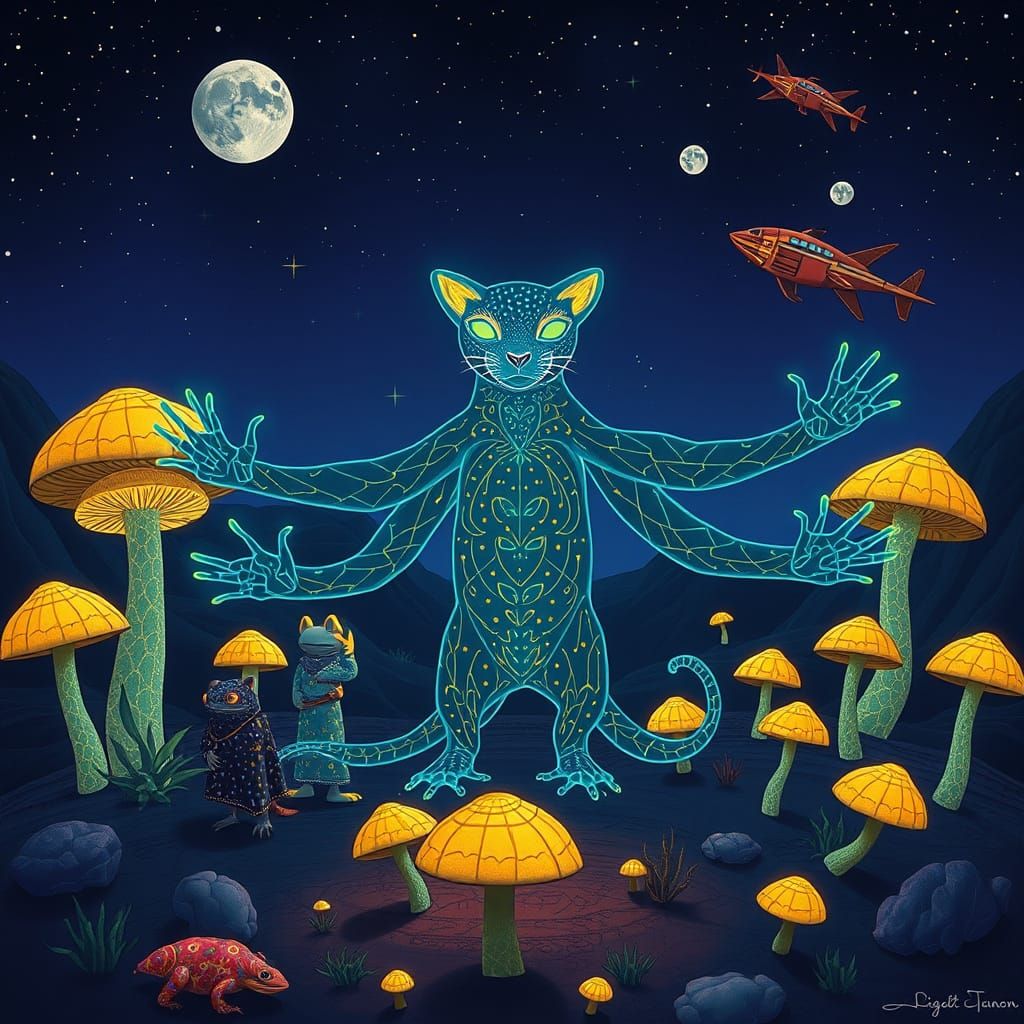 Bioluminescent Jaguarundi in Surreal Mexican Landscape