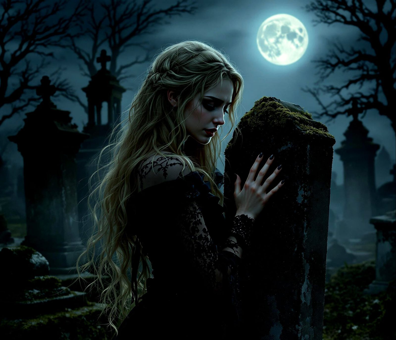 Despondent Widow Cries in Graveyard, Photorealistic Image