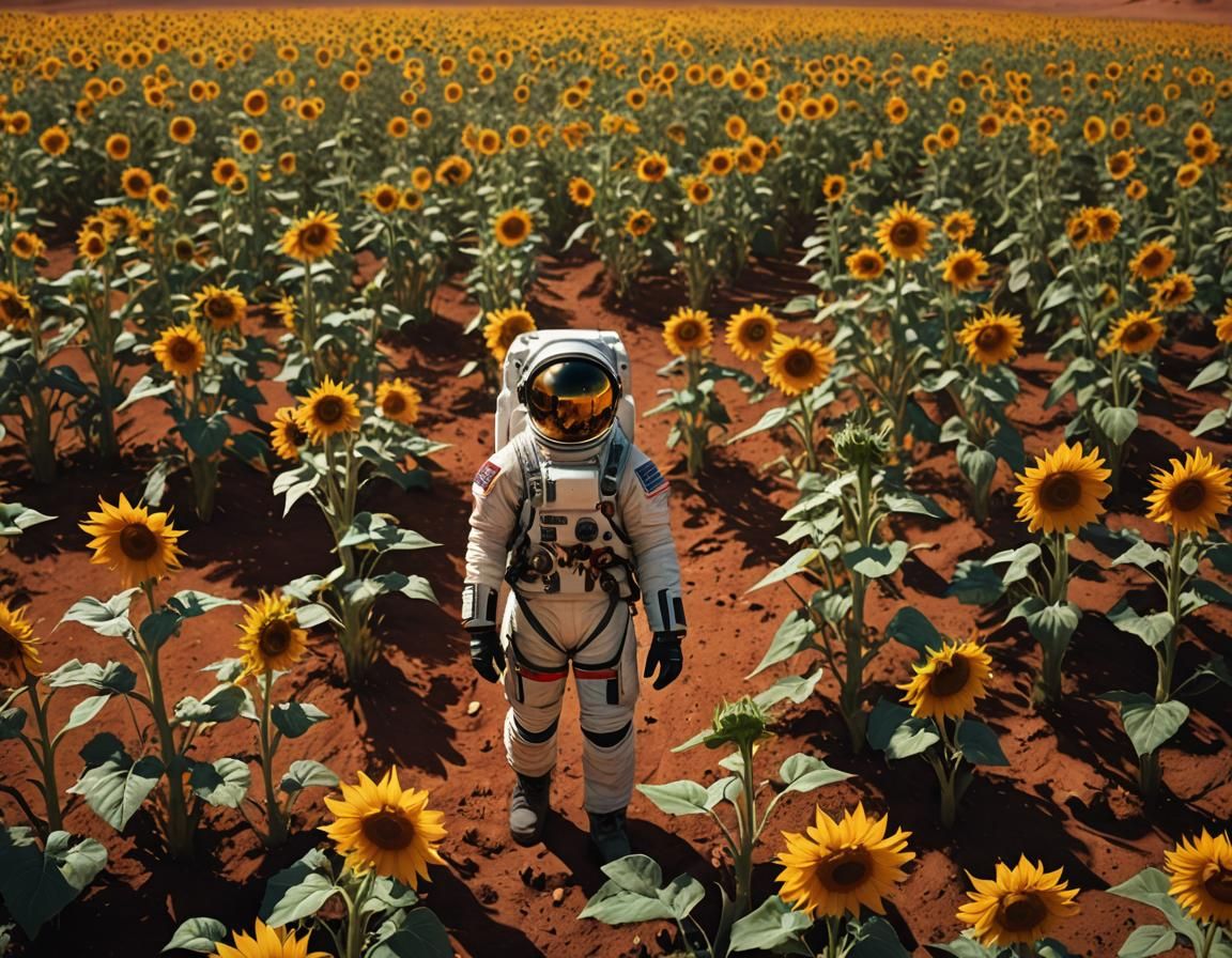 Astronaut and Sunflowers on Mars in Sci-Fi Painting