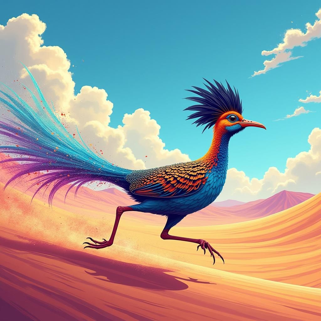 A Roadrunner dynamically running through a whimsical desert ...