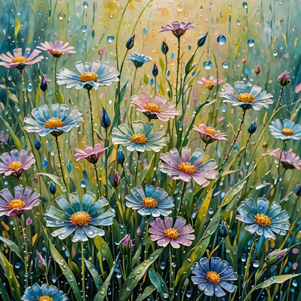 Pastel Meadow Flowers with Dew Drops in Expressionist Style