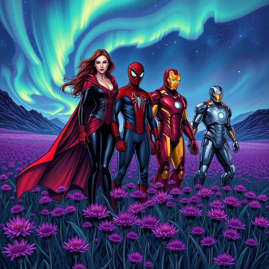 Scarlet Witch, Spider-Man, and Iron Man Under Aurora Boreali...