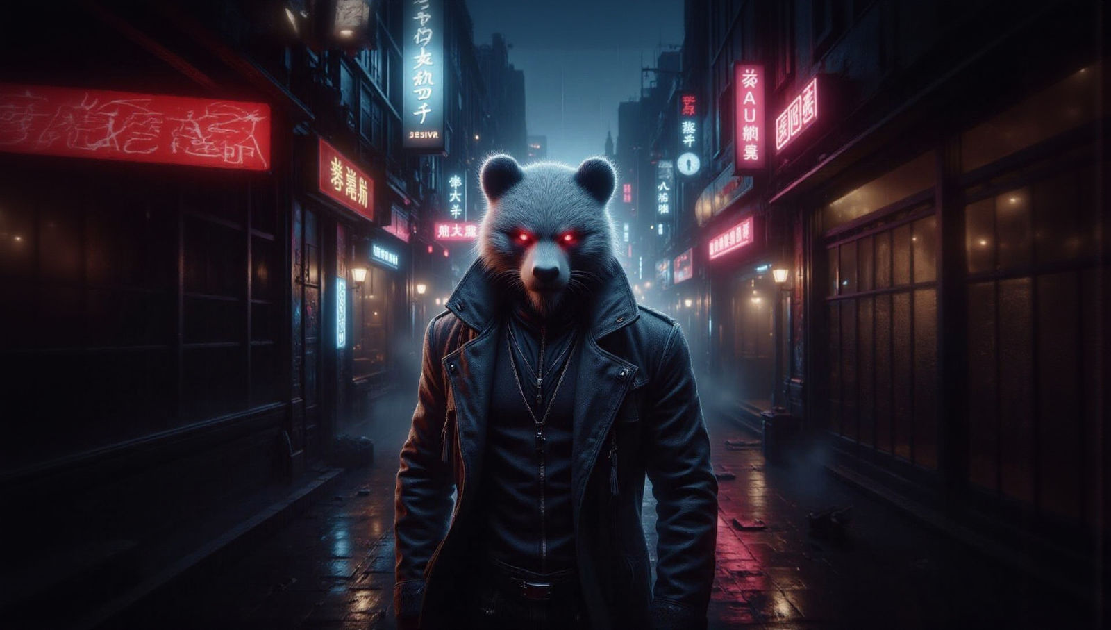 Fierce Bearded Panda in Cyberpunk Alley
