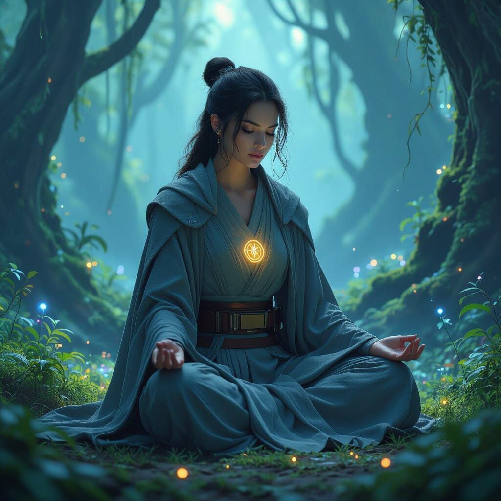 Jedi Knight Meditating in Bioluminescent Alien Forest
