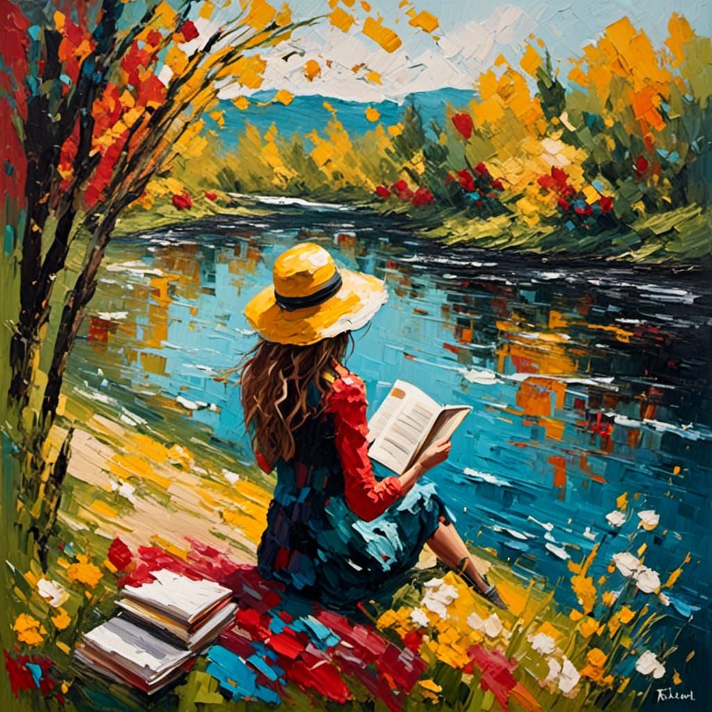 Girl Reading by River in Impasto Style