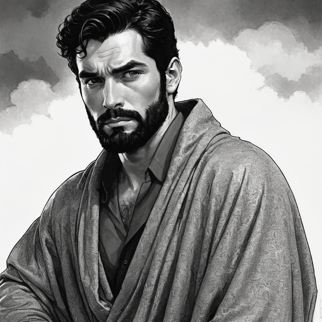 Dramatic Portrait of a Handsome Man in Gouache Style