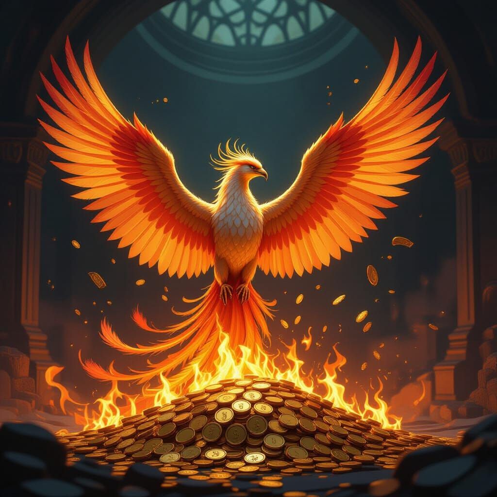 Phoenix Rises from Fire and Gold in Fantasy Art Style