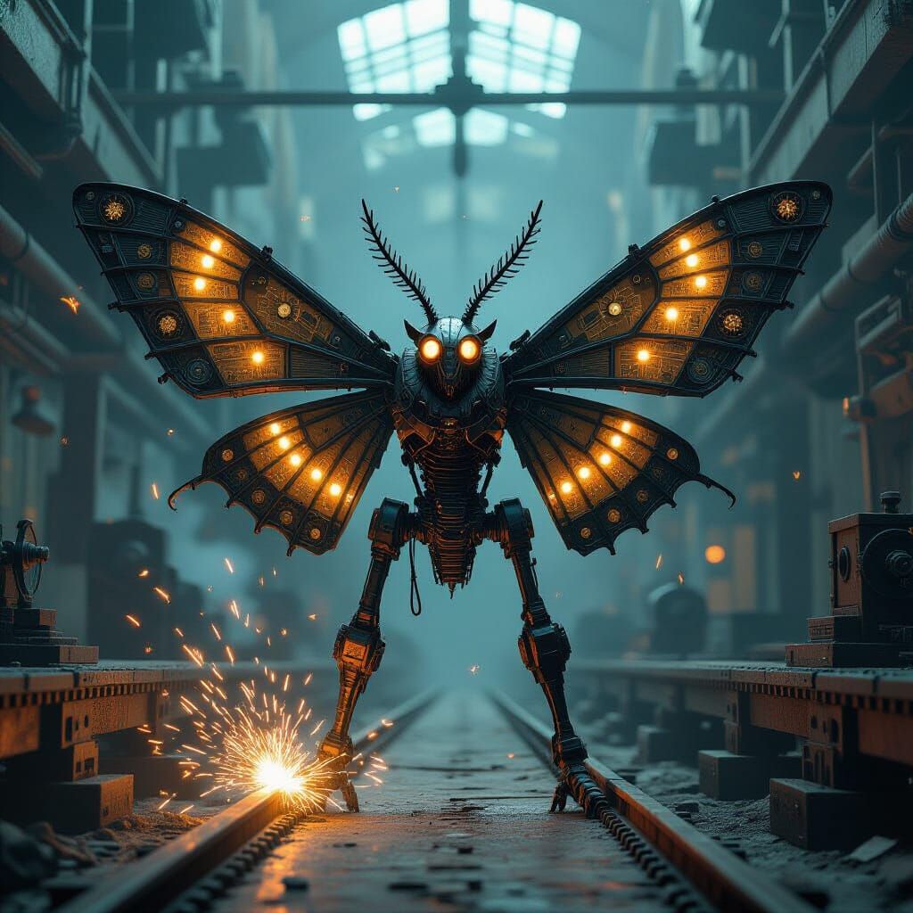Steampunk Mothman Amidst Clockwork Machinery