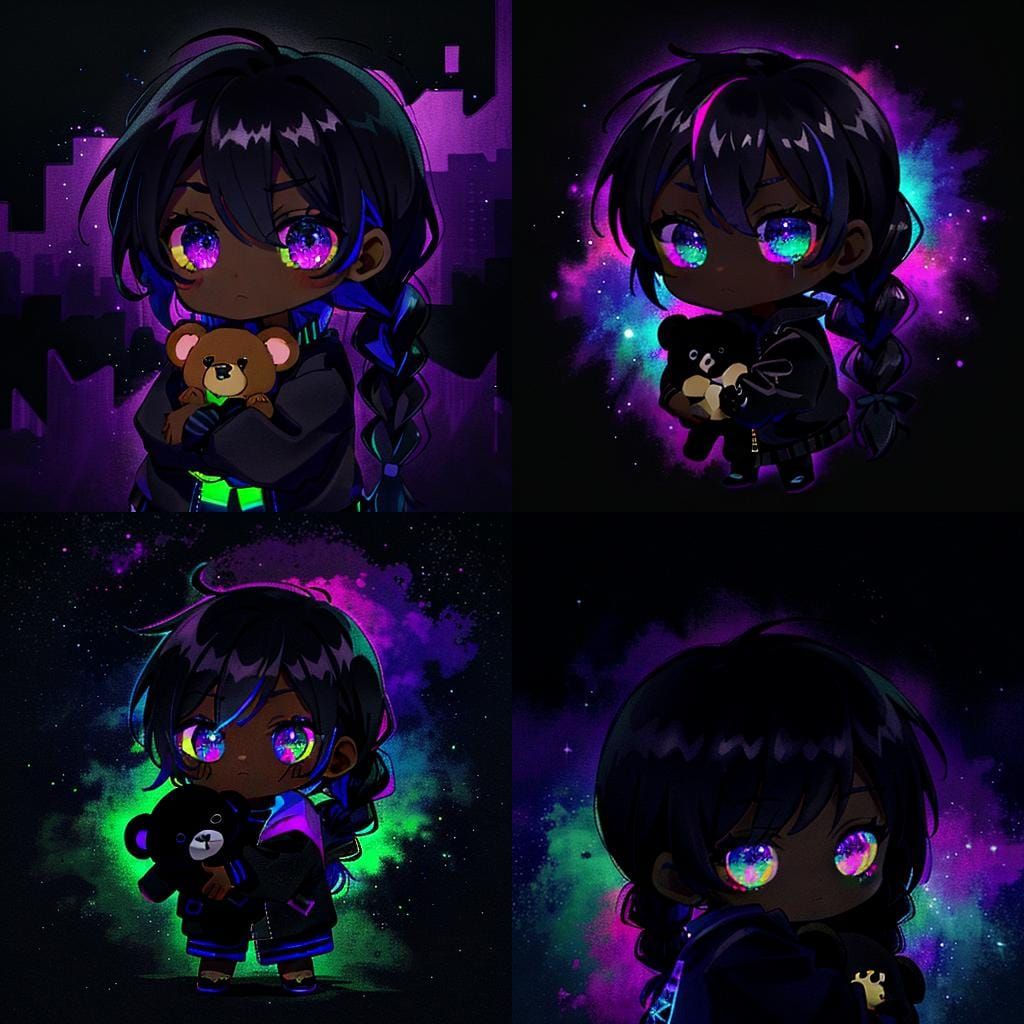 Chibi Kid in Violet-Black Glow Jacket Holding Teddy