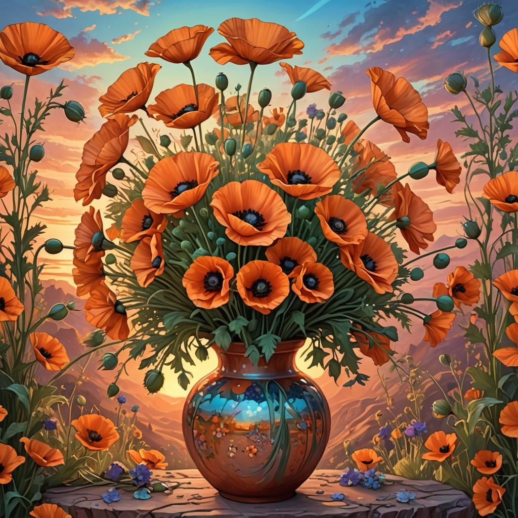 Orange Poppies in Vases, Holographic Illustration