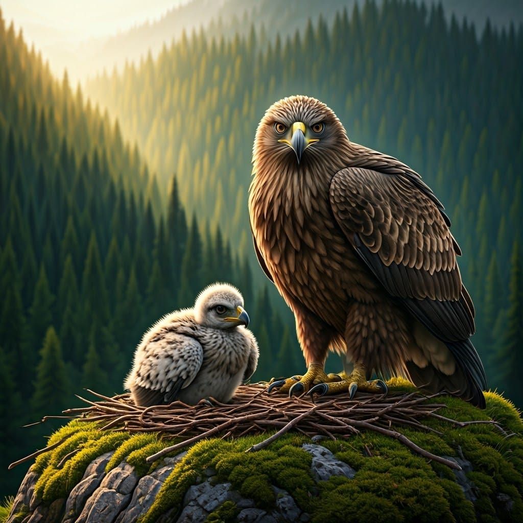 Majestic Eagle Nurturing Eaglet on Mountain Peak