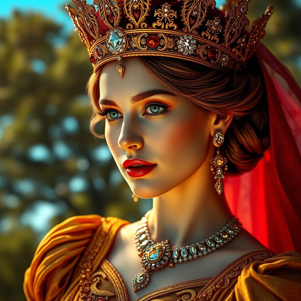 Regal Queen in Golden Gown and Jeweled Crown