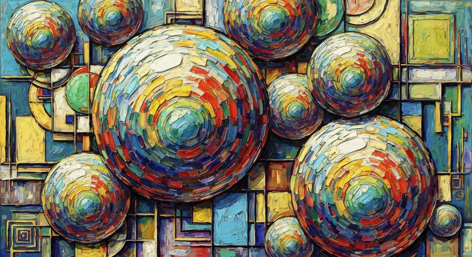 Layered Geometric Spheres in Maximalist Neo-Cubist Style