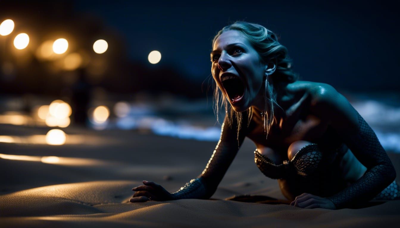 Horror Mermaid on a Dark Ocean Shore