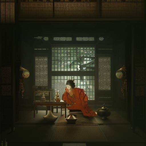 Magical Japanese Ryokan Illustration in Art Nouveau Style