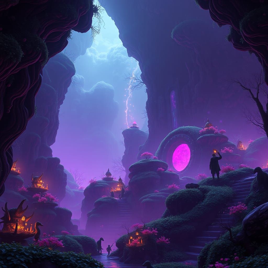 Mystical Realm in Purple, Blue, and Green