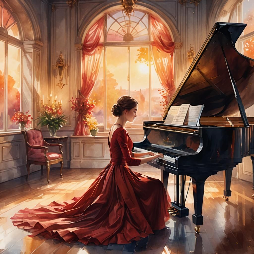 Woman Plays Piano in Digital Watercolor Style