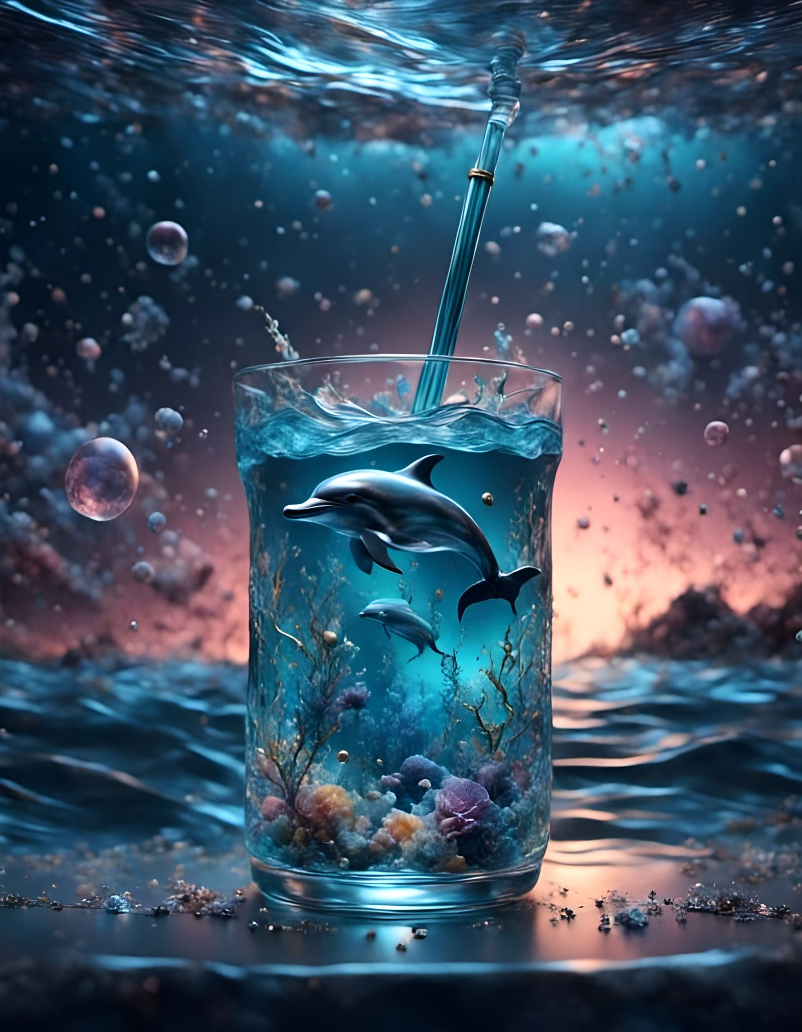 Ocean Dolphin in Glass at Midnight