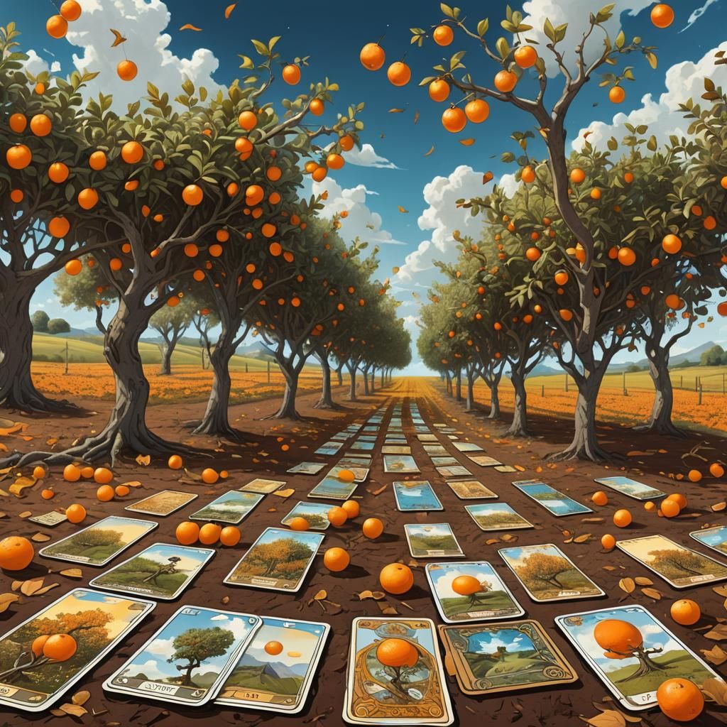 Mystical Orchard: Tarot Cards Descending from Sky