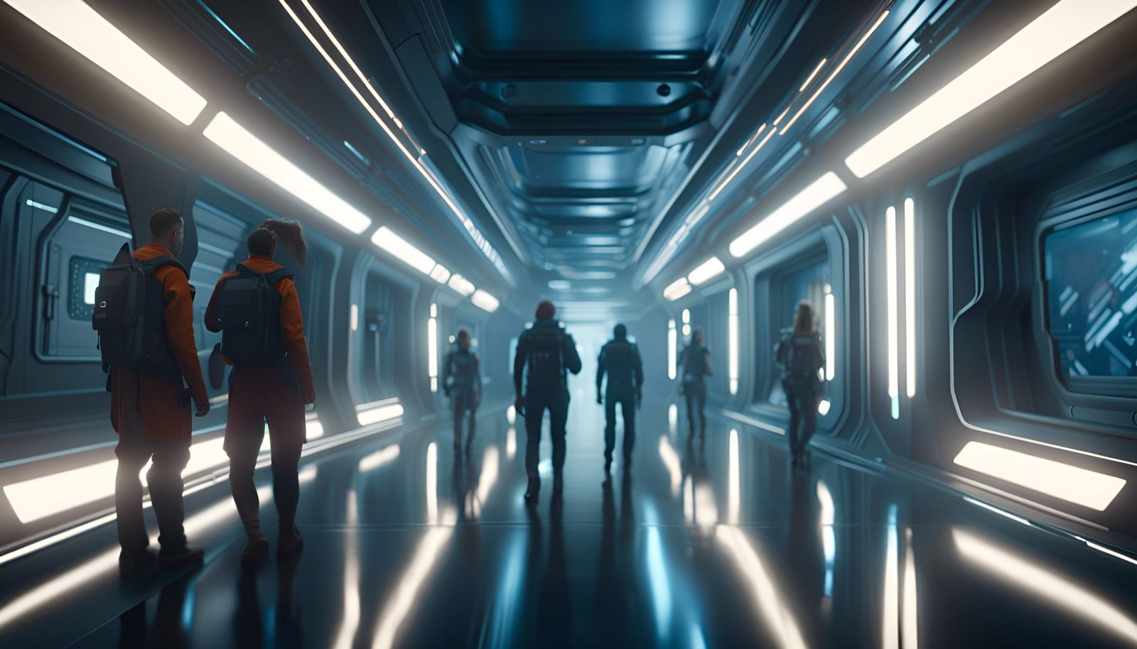 Spaceship Hallway Battle in Detailed Matte Painting