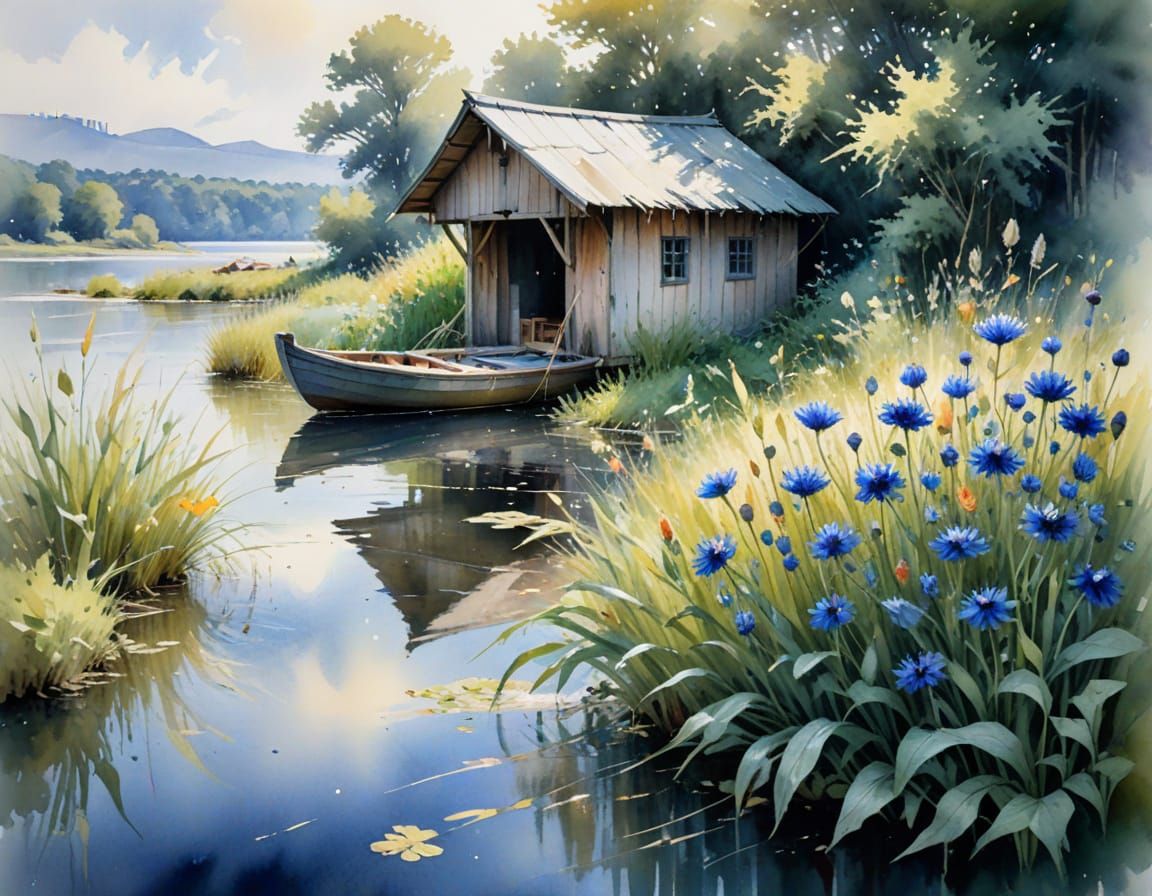 Riverside Boathouse in Summer Watercolor Style