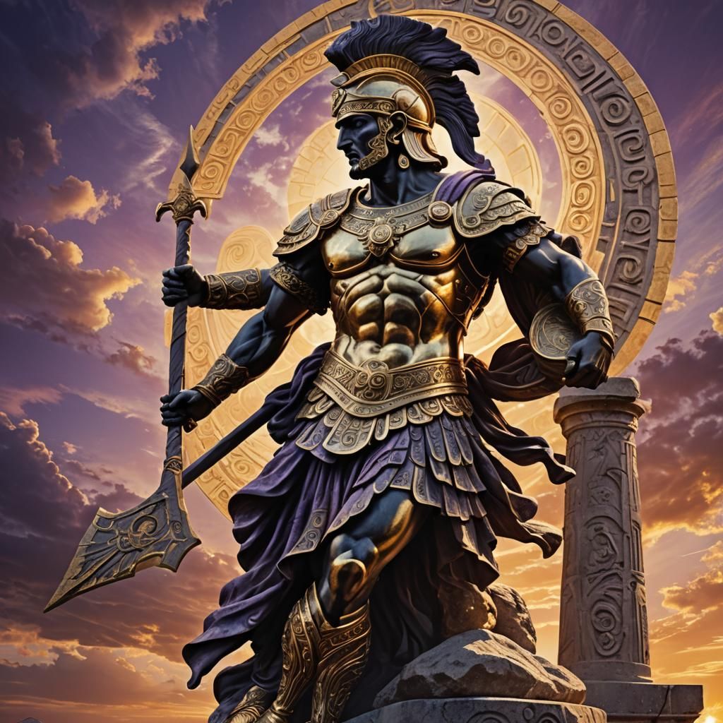 Greek Warrior Statue in Dark Fantasy Sunset