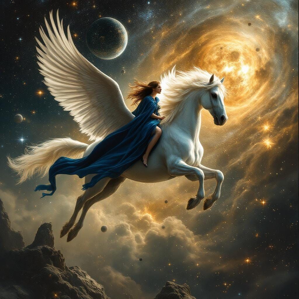 White Pegasus with Rider Flies Through Solar System