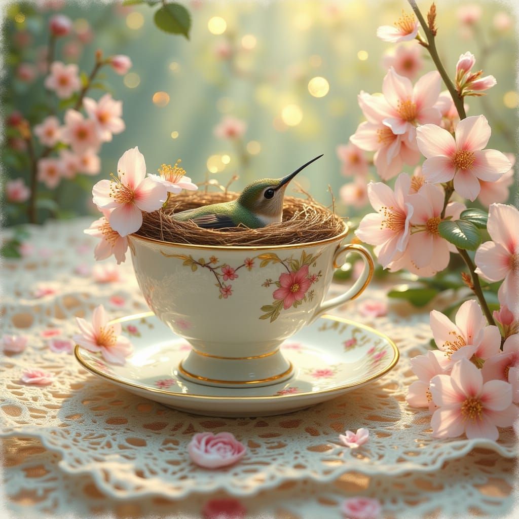 Hummingbird Sleeps in Teacup, Ethereal Watercolor Style