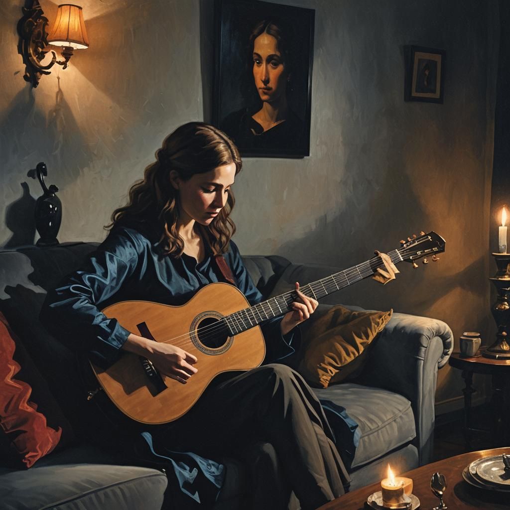 Moody Evening Guitar Player in Dark Academia Style