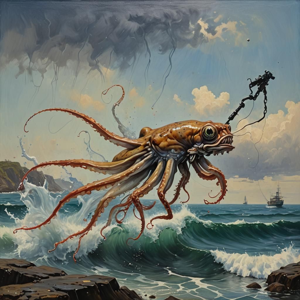 Squid Shooting Ink as Oil Painting