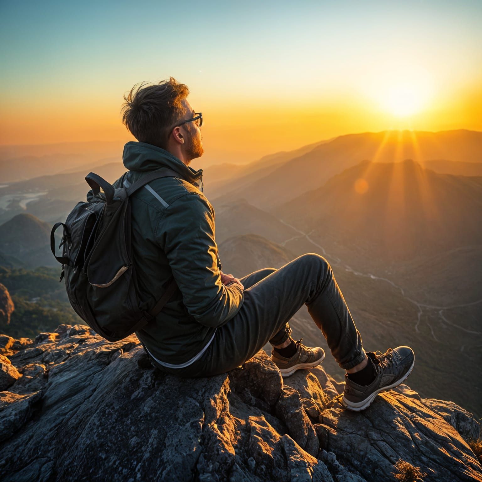 Man on Cliff at Sunrise in Golden Hour