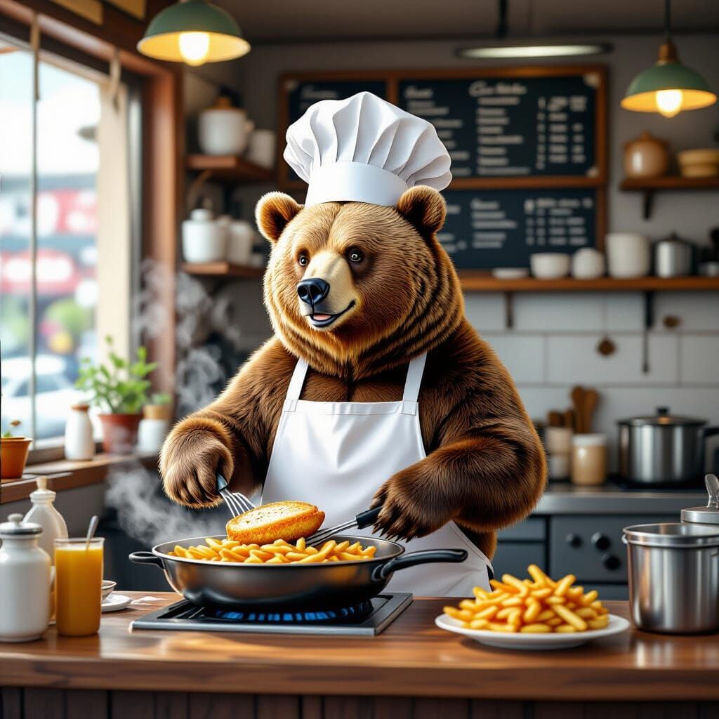 Bear Chef in Bustling Fish and Chips Shop