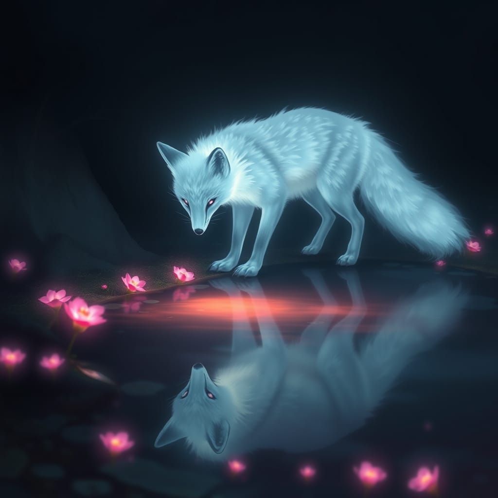 Glowing Spirit Fox Gazes at Reflection in Mystical Pond