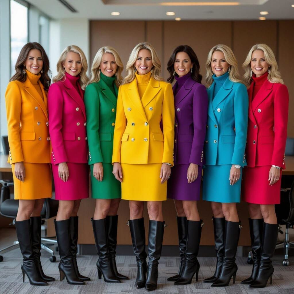Businesswomen in Colorful Turtleneck Suits in Boardroom
