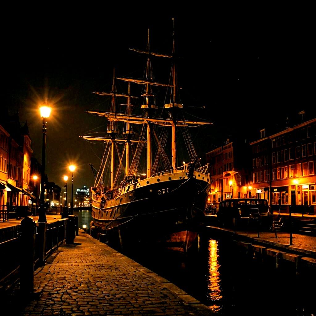 Old ship at dock. Night with a few street lamps illuminating scene