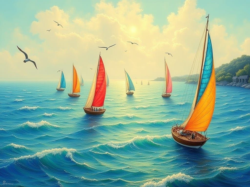 Sailboats on a Glittering Summer Sea in Impressionistic Colo...