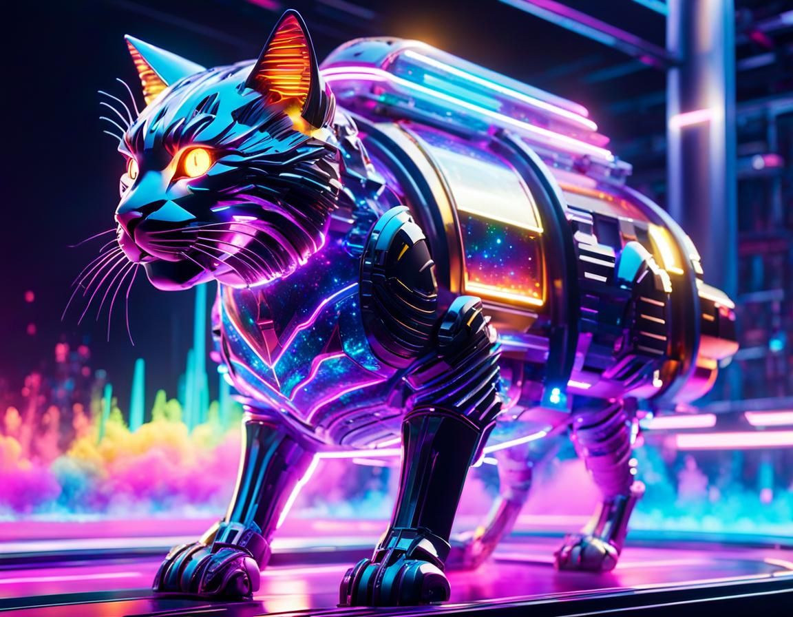 Neon Cat on Spaceship in Psychedelic 3D Render