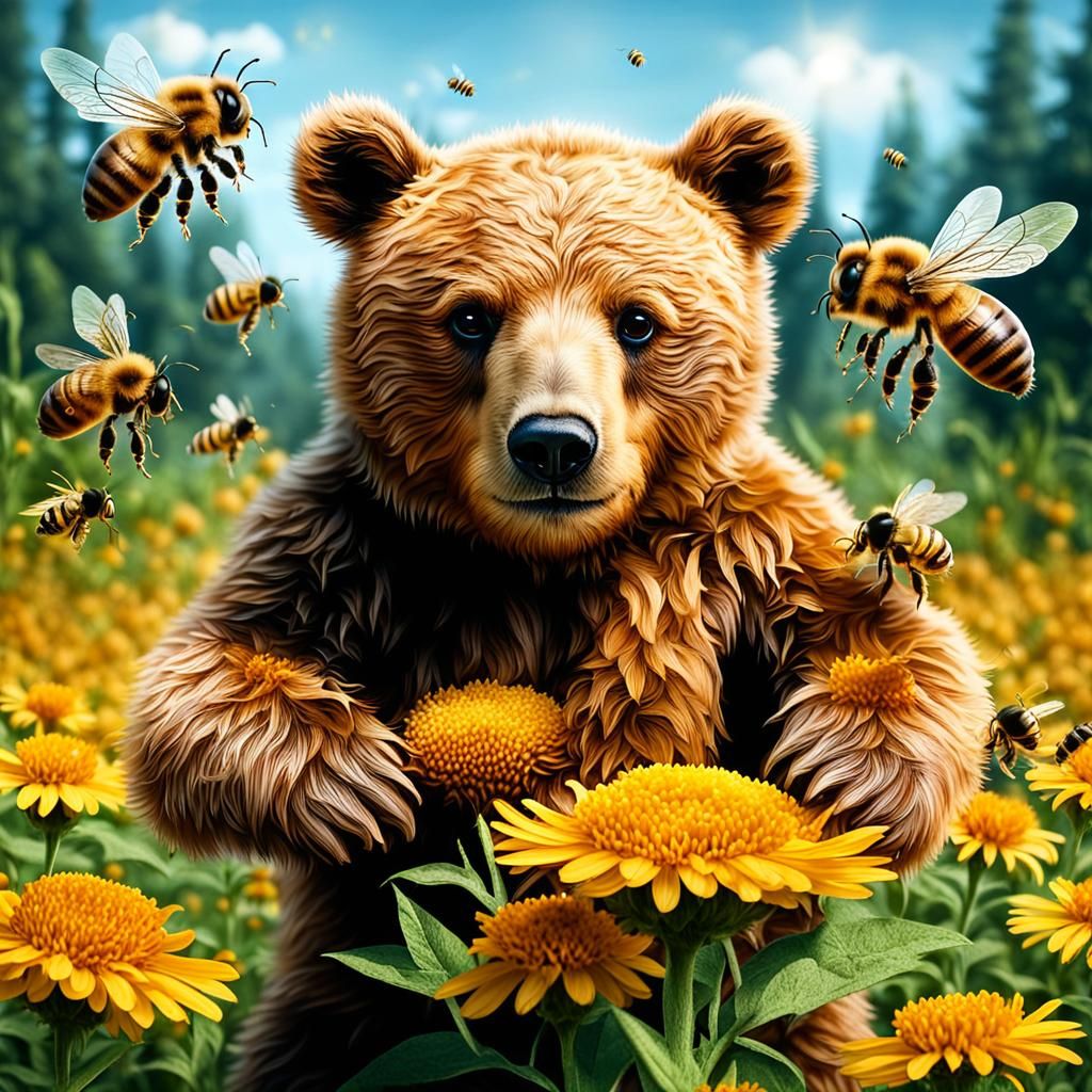 Teddy Bear Surrounded by Honey and Bees