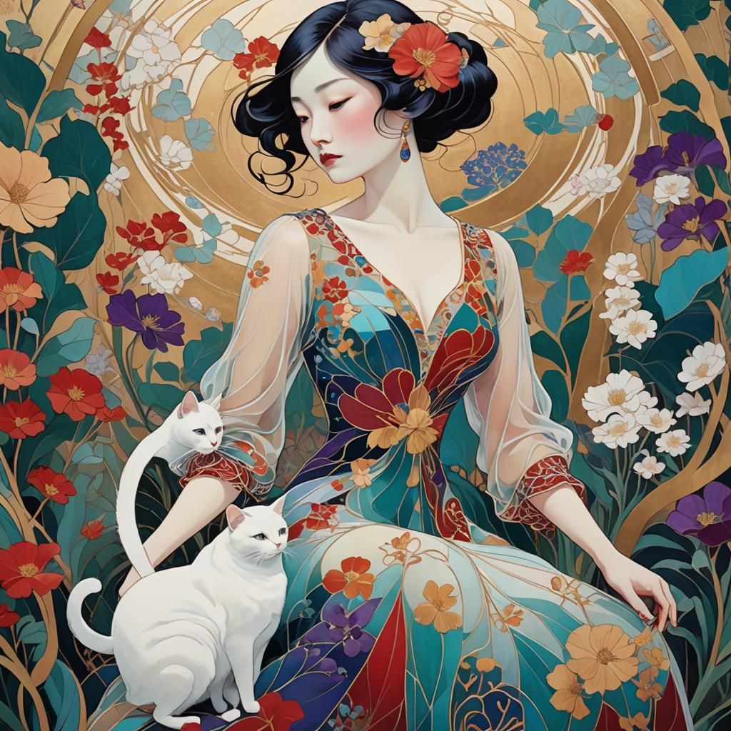 Elegant Lady with Cat in Art Nouveau Style